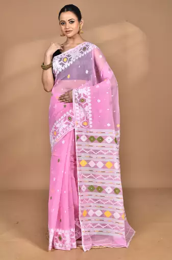 pink cotton dhakai jamdani handloom saree with blouse