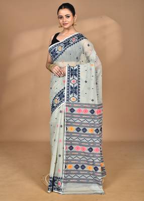 grey cotton dhakai jamdani handloom saree with blouse 1