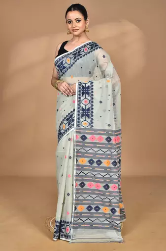 grey cotton dhakai jamdani handloom saree with blouse