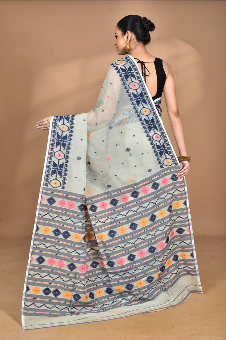 grey cotton dhakai jamdani handloom saree with blouse