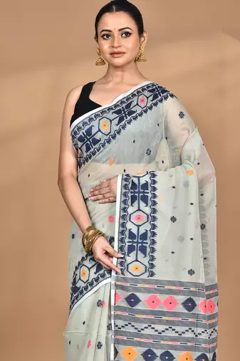 grey cotton dhakai jamdani handloom saree with blouse
