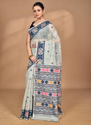 grey cotton dhakai jamdani handloom saree with blouse 5