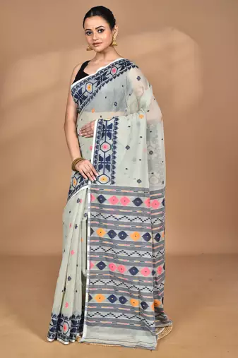 grey cotton dhakai jamdani handloom saree with blouse