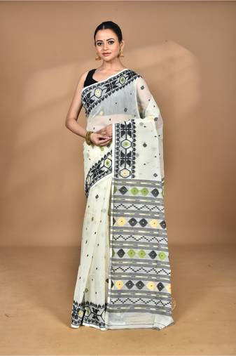 off white cotton dhakai jamdani handloom saree with blouse