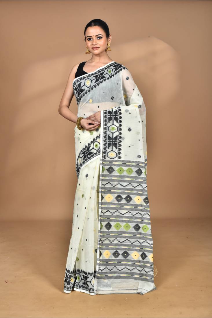 off white cotton dhakai jamdani handloom saree with blouse