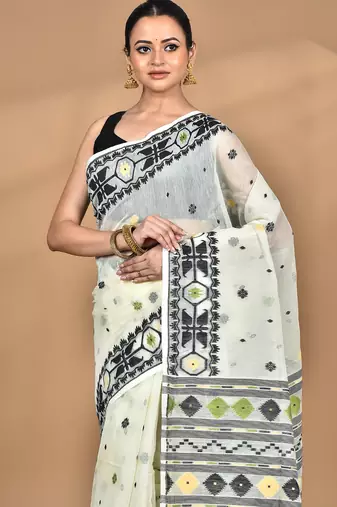 off white cotton dhakai jamdani handloom saree with blouse