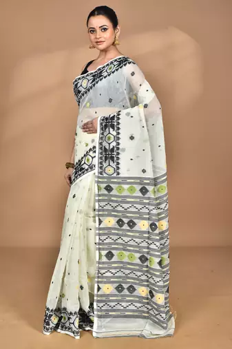 off white cotton dhakai jamdani handloom saree with blouse