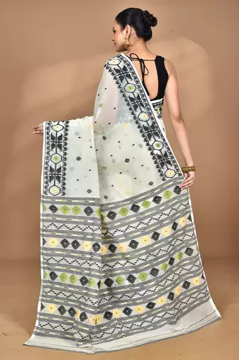 off white cotton dhakai jamdani handloom saree with blouse