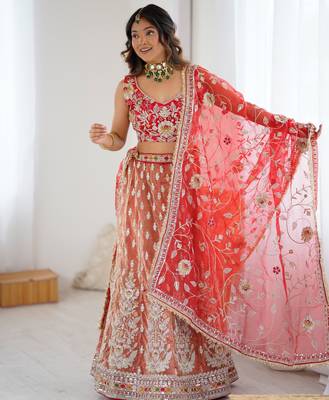 Orange And Red Silk Embroidery Dori Sequins Work Lehenga choli 1