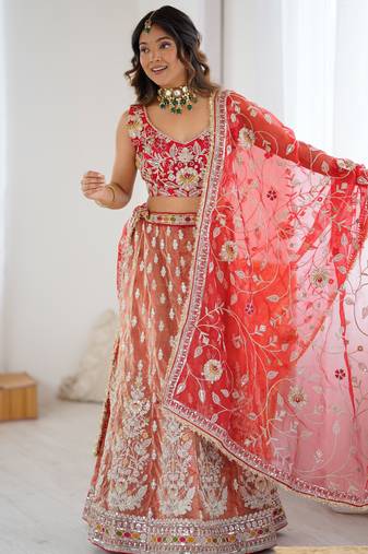 Orange And Red Silk Embroidery Dori Sequins Work Lehenga choli