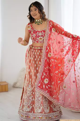 Orange And Red Silk Embroidery Dori Sequins Work Lehenga choli