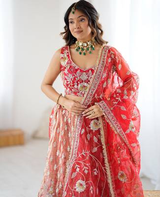 Orange And Red Silk Embroidery Dori Sequins Work Lehenga choli 2