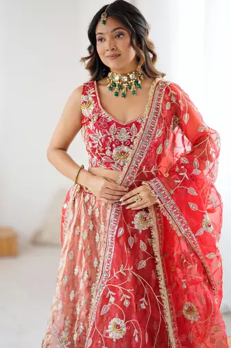 Orange And Red Silk Embroidery Dori Sequins Work Lehenga choli