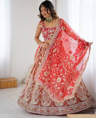 Orange And Red Silk Embroidery Dori Sequins Work Lehenga choli 3