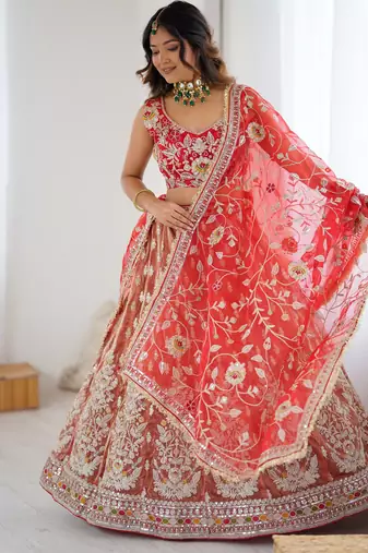 Orange And Red Silk Embroidery Dori Sequins Work Lehenga choli