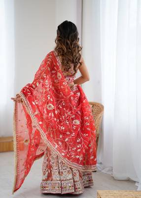 Orange And Red Silk Embroidery Dori Sequins Work Lehenga choli 4