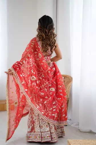 Orange And Red Silk Embroidery Dori Sequins Work Lehenga choli