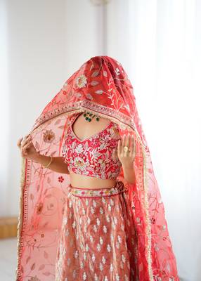 Orange And Red Silk Embroidery Dori Sequins Work Lehenga choli 5