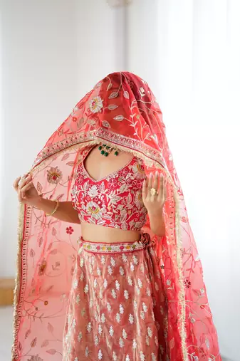 Orange And Red Silk Embroidery Dori Sequins Work Lehenga choli