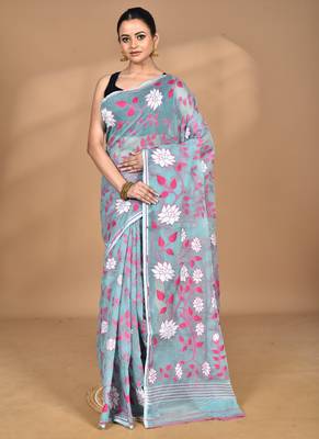blue Cotton Dhakai Jamdani Handloom Saree With Blouse 1