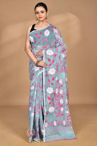 blue Cotton Dhakai Jamdani Handloom Saree With Blouse