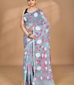 blue Cotton Dhakai Jamdani Handloom Saree With Blouse