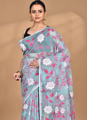 blue Cotton Dhakai Jamdani Handloom Saree With Blouse 2
