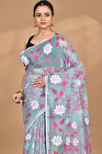 blue Cotton Dhakai Jamdani Handloom Saree With Blouse