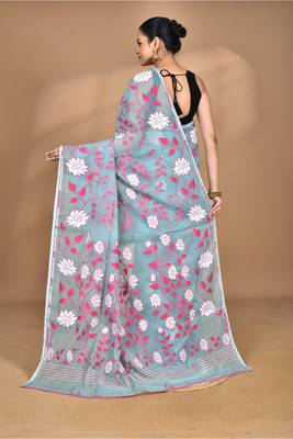 blue Cotton Dhakai Jamdani Handloom Saree With Blouse 3