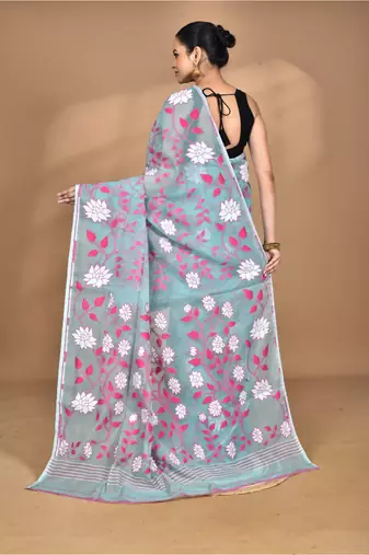 blue Cotton Dhakai Jamdani Handloom Saree With Blouse