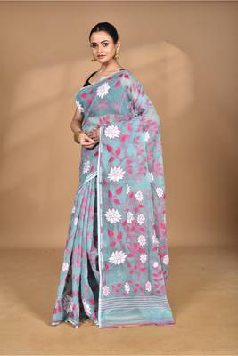 blue Cotton Dhakai Jamdani Handloom Saree With Blouse 5