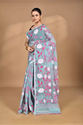 blue Cotton Dhakai Jamdani Handloom Saree With Blouse