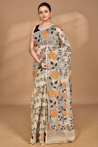 brown Cotton Dhakai Jamdani Handloom Saree With Blouse