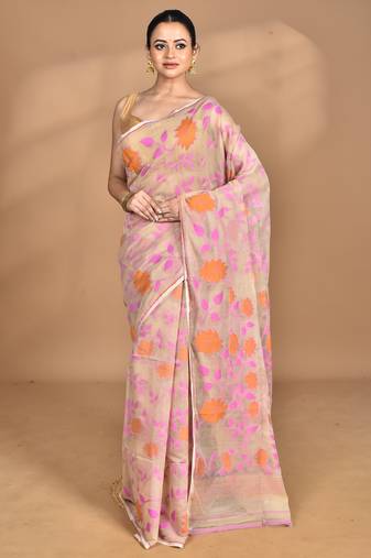 pink Cotton Dhakai Jamdani Handloom Saree With Blouse