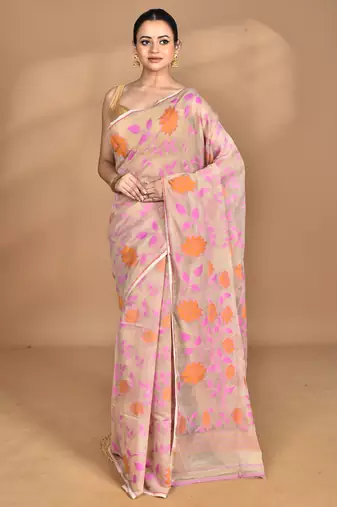 pink Cotton Dhakai Jamdani Handloom Saree With Blouse