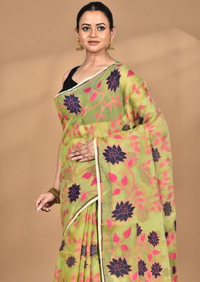 green Cotton Dhakai Jamdani Handloom Saree With Blouse 1
