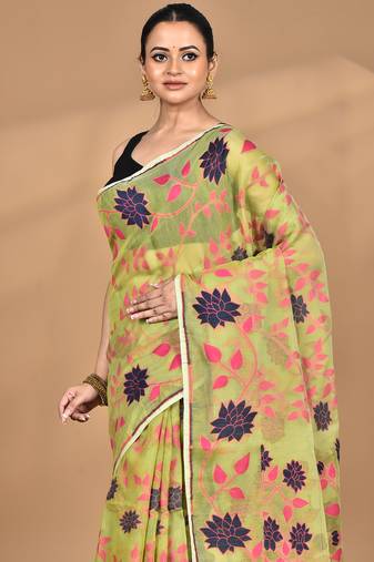 green Cotton Dhakai Jamdani Handloom Saree With Blouse