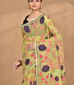 green Cotton Dhakai Jamdani Handloom Saree With Blouse