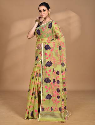 green Cotton Dhakai Jamdani Handloom Saree With Blouse 2