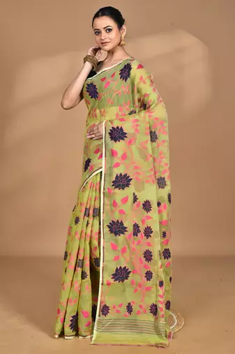 green Cotton Dhakai Jamdani Handloom Saree With Blouse