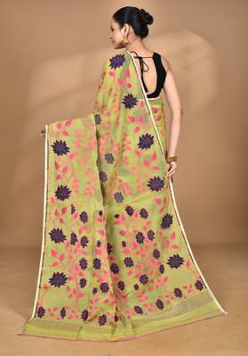 green Cotton Dhakai Jamdani Handloom Saree With Blouse 3
