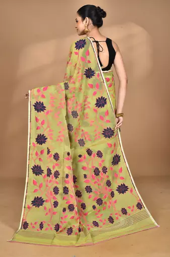 green Cotton Dhakai Jamdani Handloom Saree With Blouse