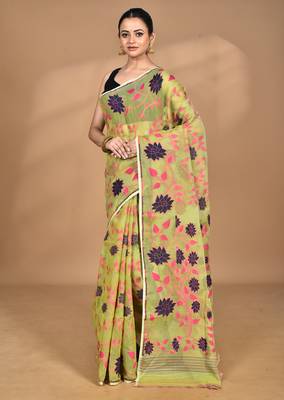 green Cotton Dhakai Jamdani Handloom Saree With Blouse 4