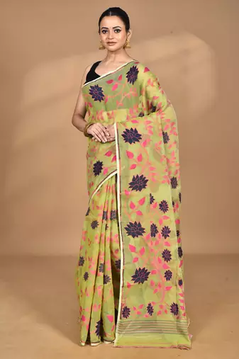 green Cotton Dhakai Jamdani Handloom Saree With Blouse