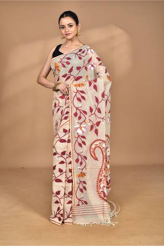 brown Cotton Dhakai Jamdani Handloom Saree With Blouse