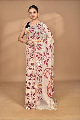 brown Cotton Dhakai Jamdani Handloom Saree With Blouse 1