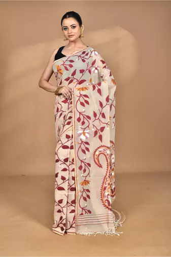 brown Cotton Dhakai Jamdani Handloom Saree With Blouse