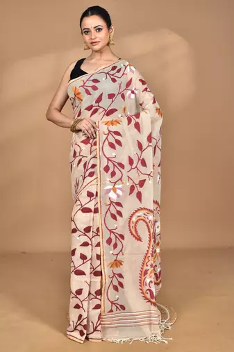 brown Cotton Dhakai Jamdani Handloom Saree With Blouse