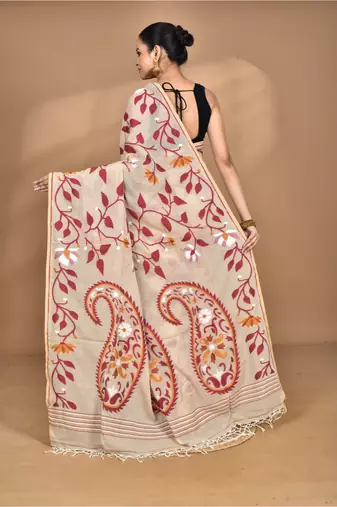 brown Cotton Dhakai Jamdani Handloom Saree With Blouse