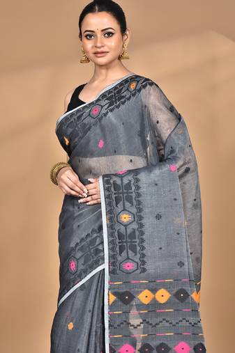grey Cotton Dhakai Jamdani Handloom Saree With Blouse